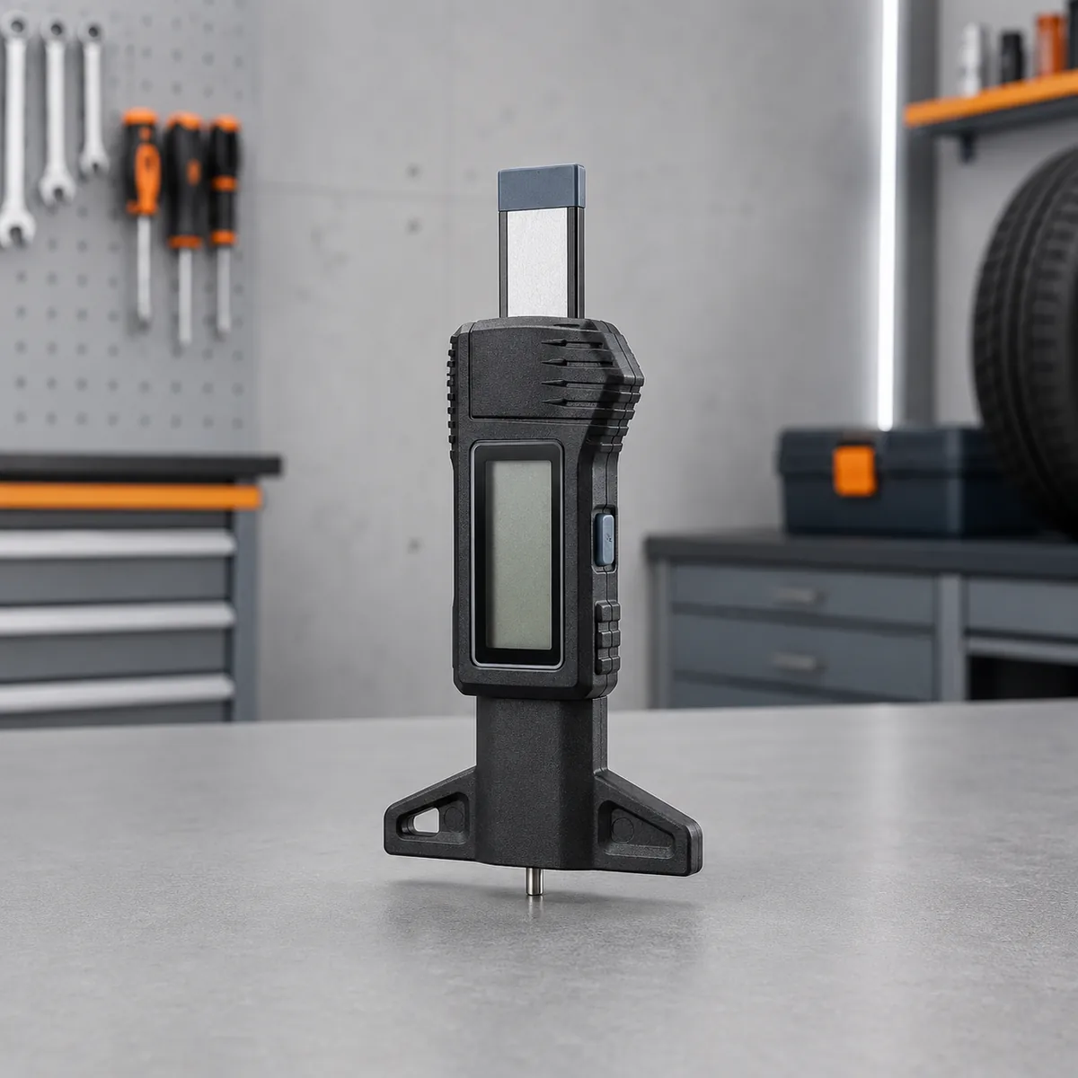 Digital tread depth gauge on a workshop bench
