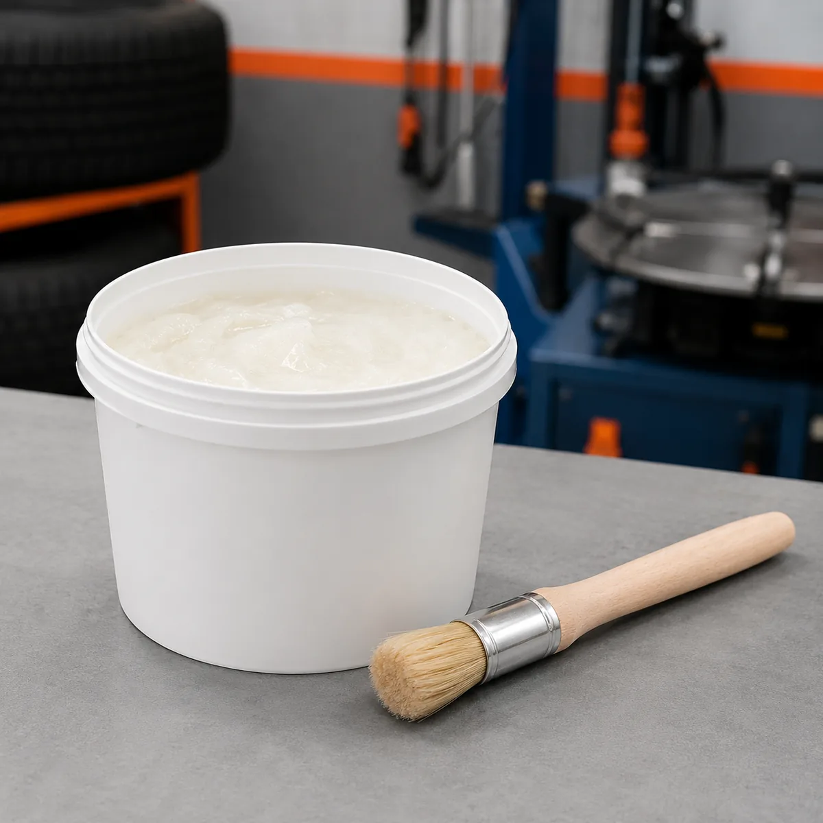 Tyre mounting paste with applicator brush