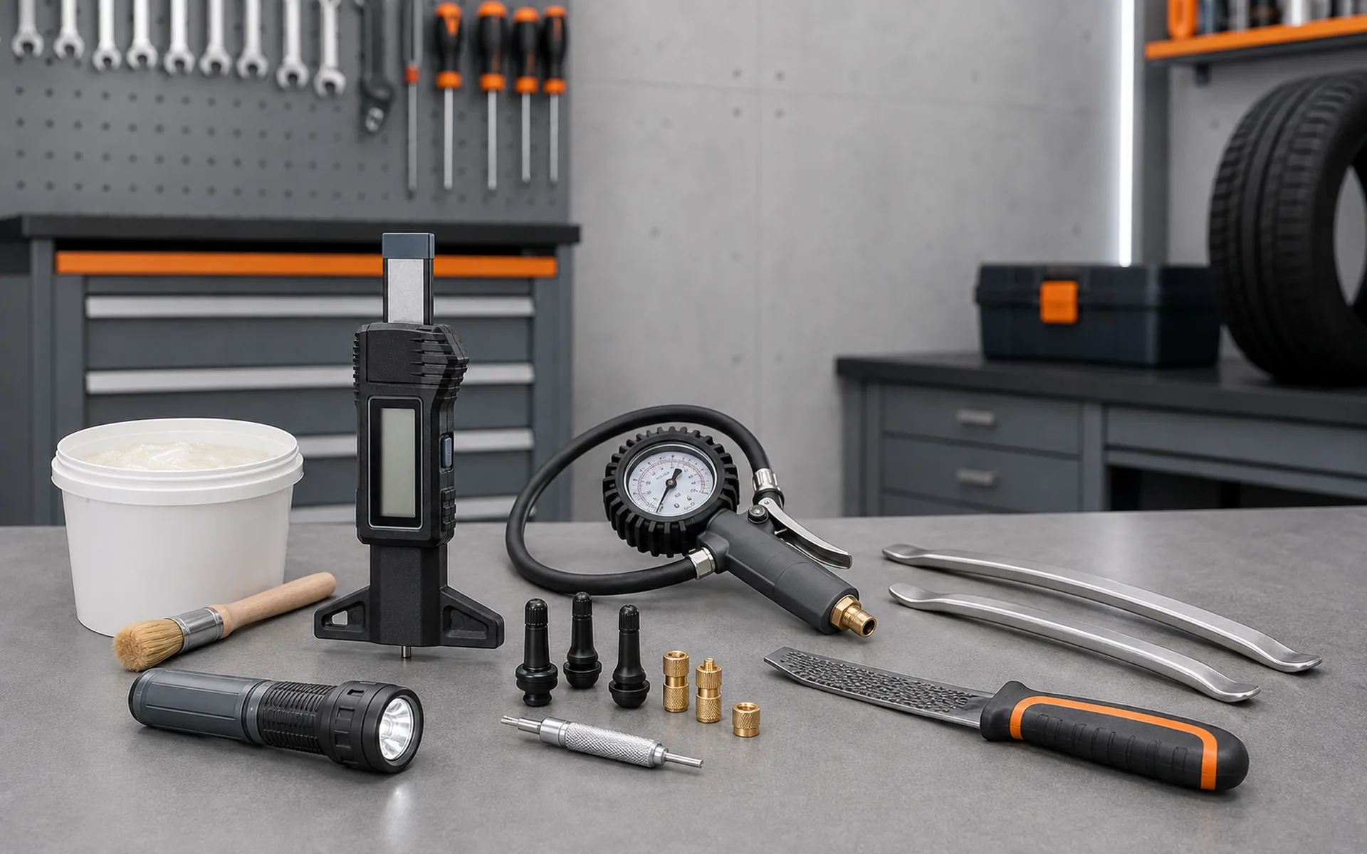 Assorted tyre service tools arranged on a clean workshop bench